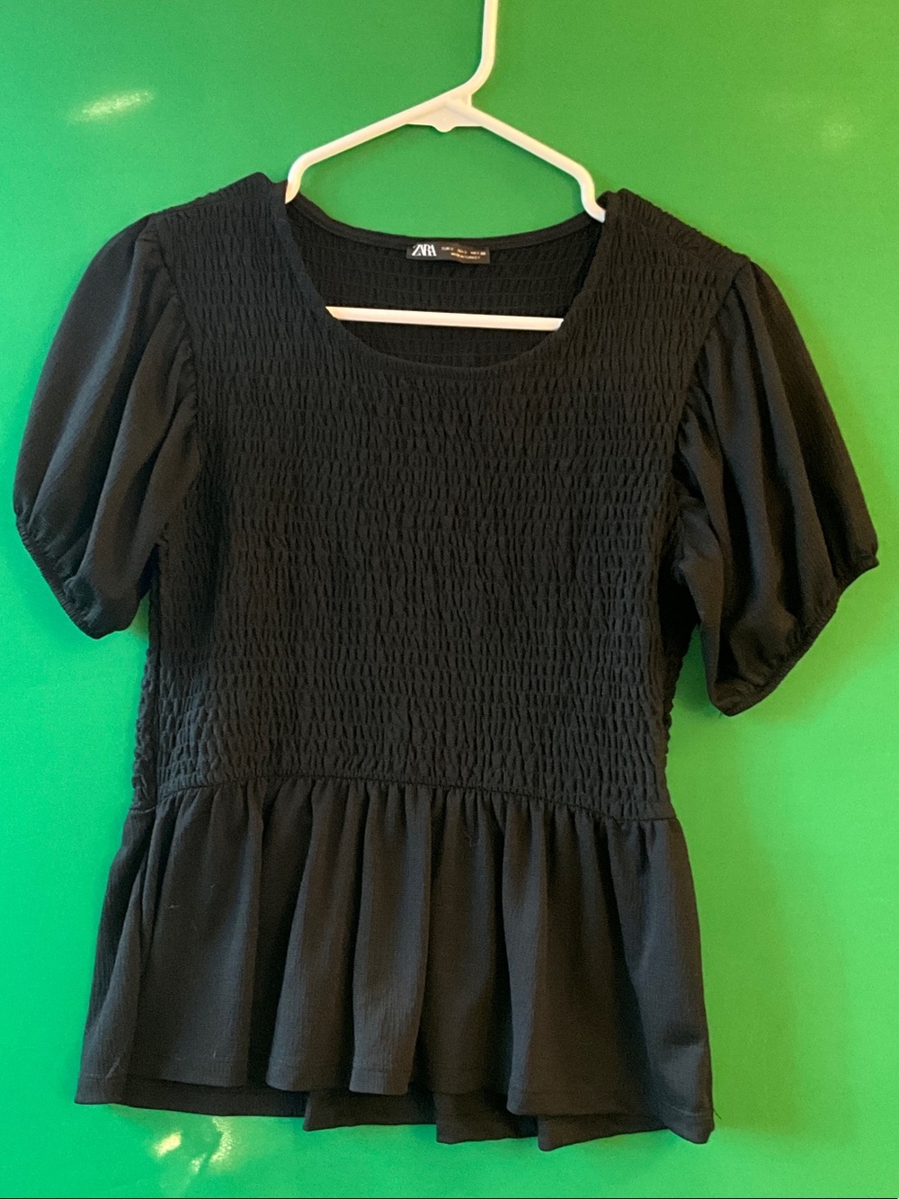 ZARA Black Smocked Puff-Sleeve Peplum Blouse